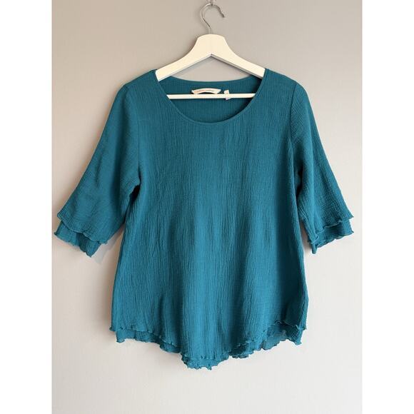 Soft Surroundings Tops - Soft Surroundings Women Teal Cotton Gauze Blouse XS Boho Flowy Short Sleeve Top
